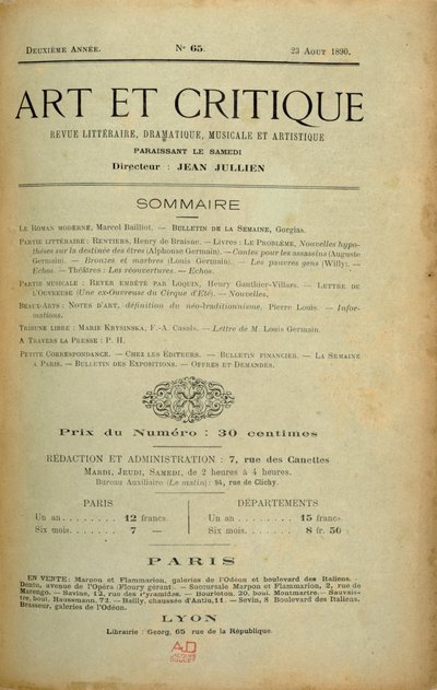 Frontespizio della rivista "Art et Critique", 23 agosto 1890 da Unbekannt Unbekannt